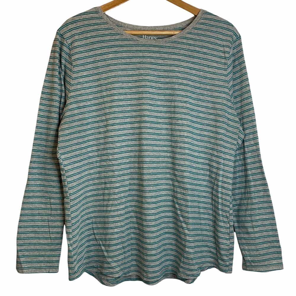 Hanes Green Gray Stripes Crew Neck Knit Long Sleeve Henley Top Plus Size XXL